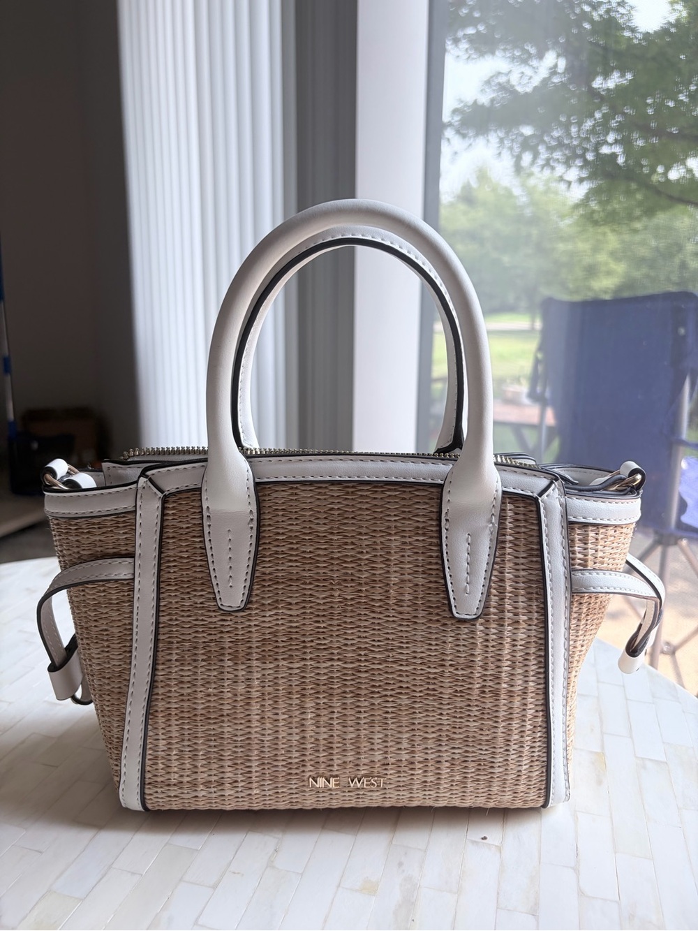 Nine West Beige Woven Satchel with White Trim
